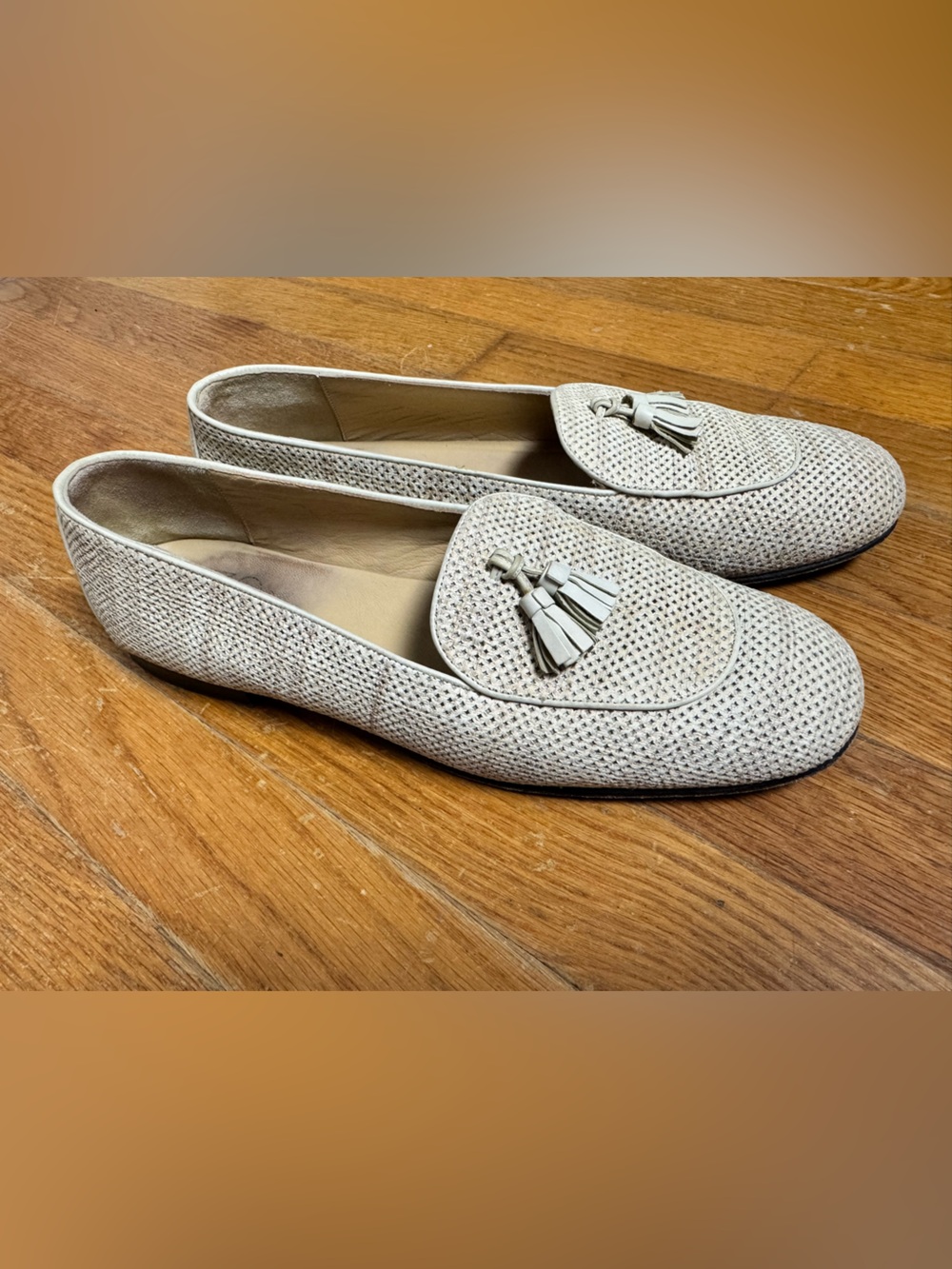 Joan & David Light Cream Perforated Tassel Loafers